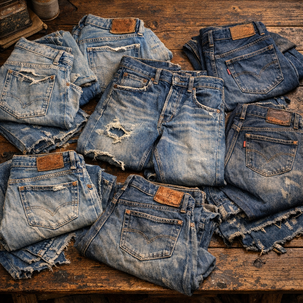 Jeans vintage étalés sur une table en bois